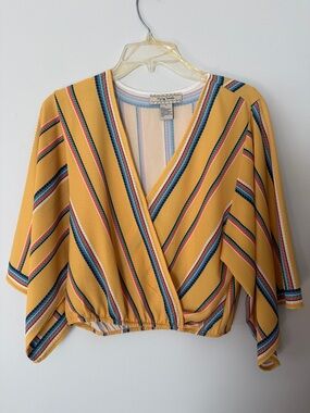Flying Tomato Mustard Yellow Striped Wrap-Style Blouse